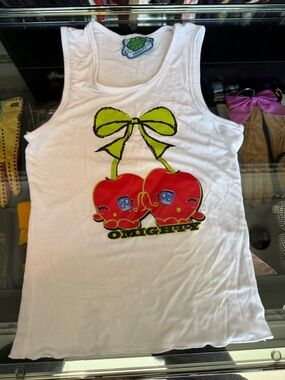 omighty White Tank with Red Cherry Graphic and Lime Bow